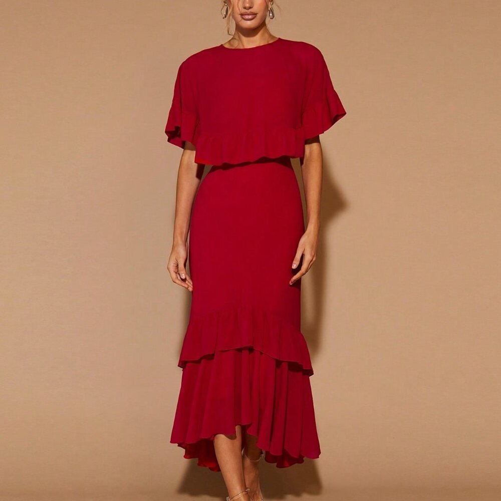 Fiery Red Elegant Women's Ruffle Trim Round Neck Long - Picture 4 of 7